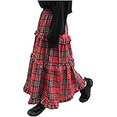 SOLY HUX Women's Plaid Maxi Skirt Elastic High Wasited Tiered Ruffle A Line Flowy Long Skirts