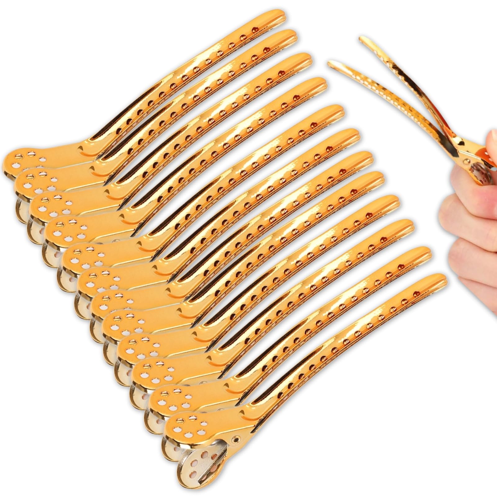 12pcs Duck Bill Hair Clips Set, Duckbilled Clip, Rustproof Steel Alligator Curl Clips with Holes Design, Hairdressing Hair Salon Hairpin (Gold )