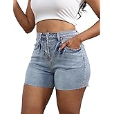 Women's Cut Off Denim Jean Shorts High Waisted Stretch Ripped Frayed Raw Hem Denim Pants with Pockets