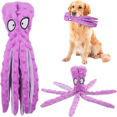 RAYITO Octopus Dog Toys No Stuffing Squeaky Plush Interactive Toy Purple