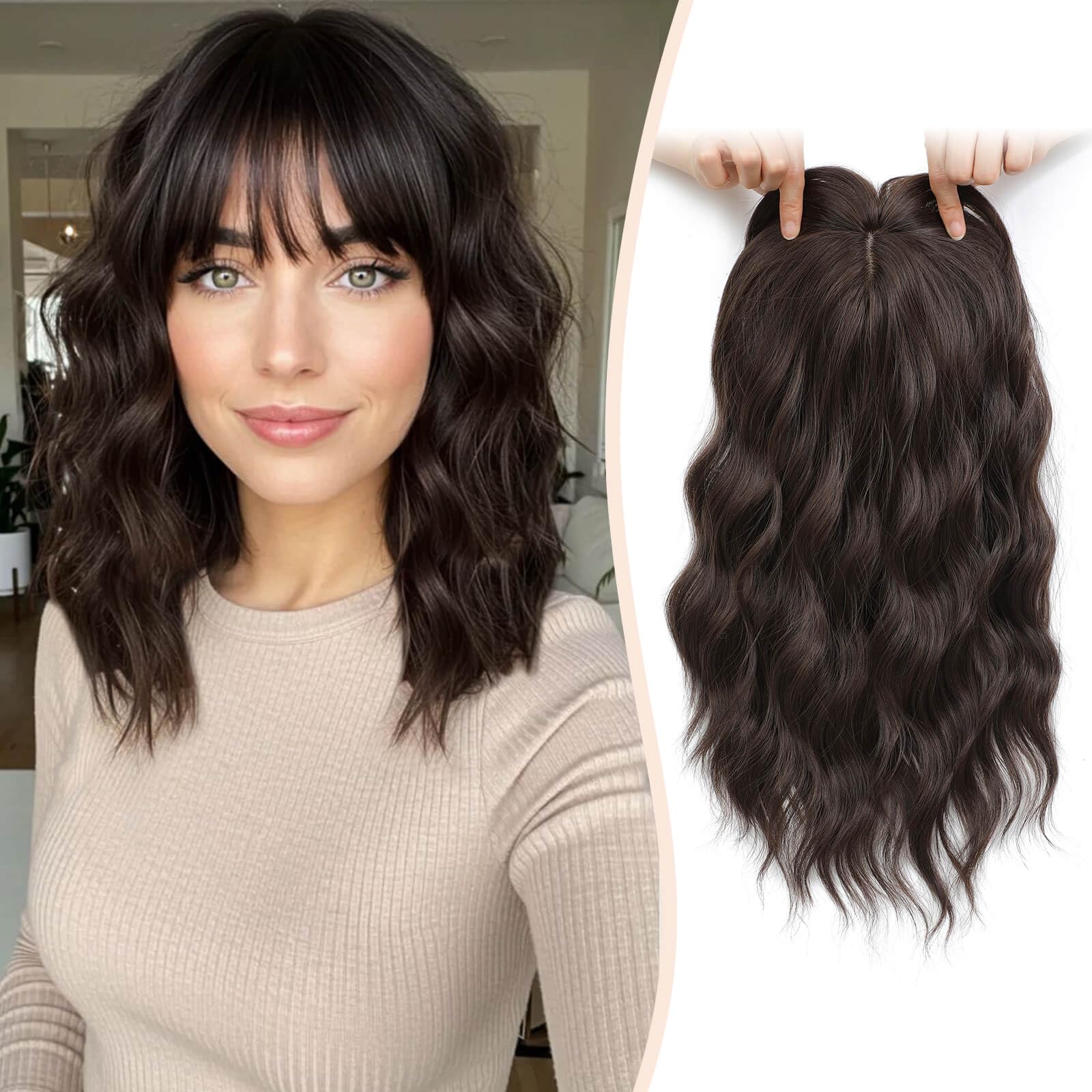 Photo 1 of MARJORIE Hair Topper,Wavy Hair Toppers for Women 14inch Natural Looking Hairpiece with Wispy Bangs, Volume Booster Wiglet for Full Coverage, Quick Styling for Party/Date Night/Social/Content Creators