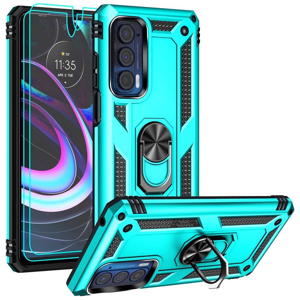 Androgate Compatible with Motorola Moto Edge 2021 Case - Moto Edge 5G UW Case with HD Screen Protectors, Military-Grade Metal Ring Kickstand, 15ft Drop Tested Shockproof Cover, Teal