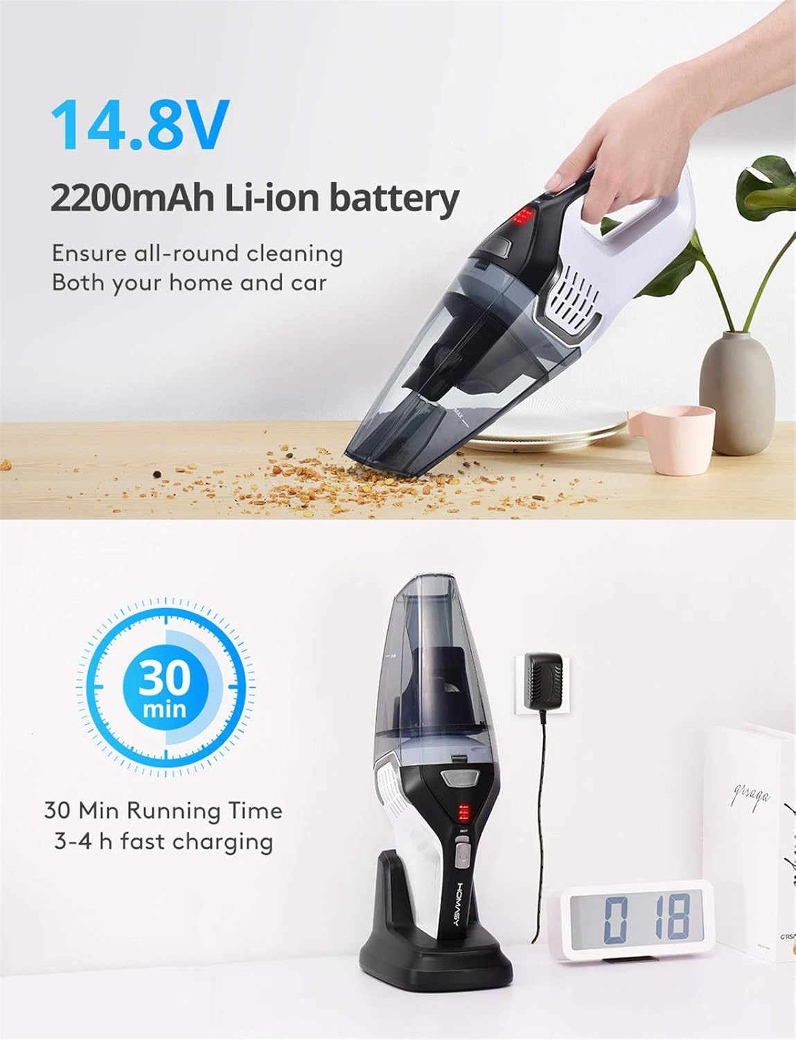 Homasy Handheld Vacuum Cordless, 8Kpa Hand Vacuum with Powerful Cyclonic Suction, Portable Vacuum Cleaner with Long Lasting up to 30mins (Wet&Dry, 3H Charging) for Pet Hair, Dust, Gravel, Home Cleaning -