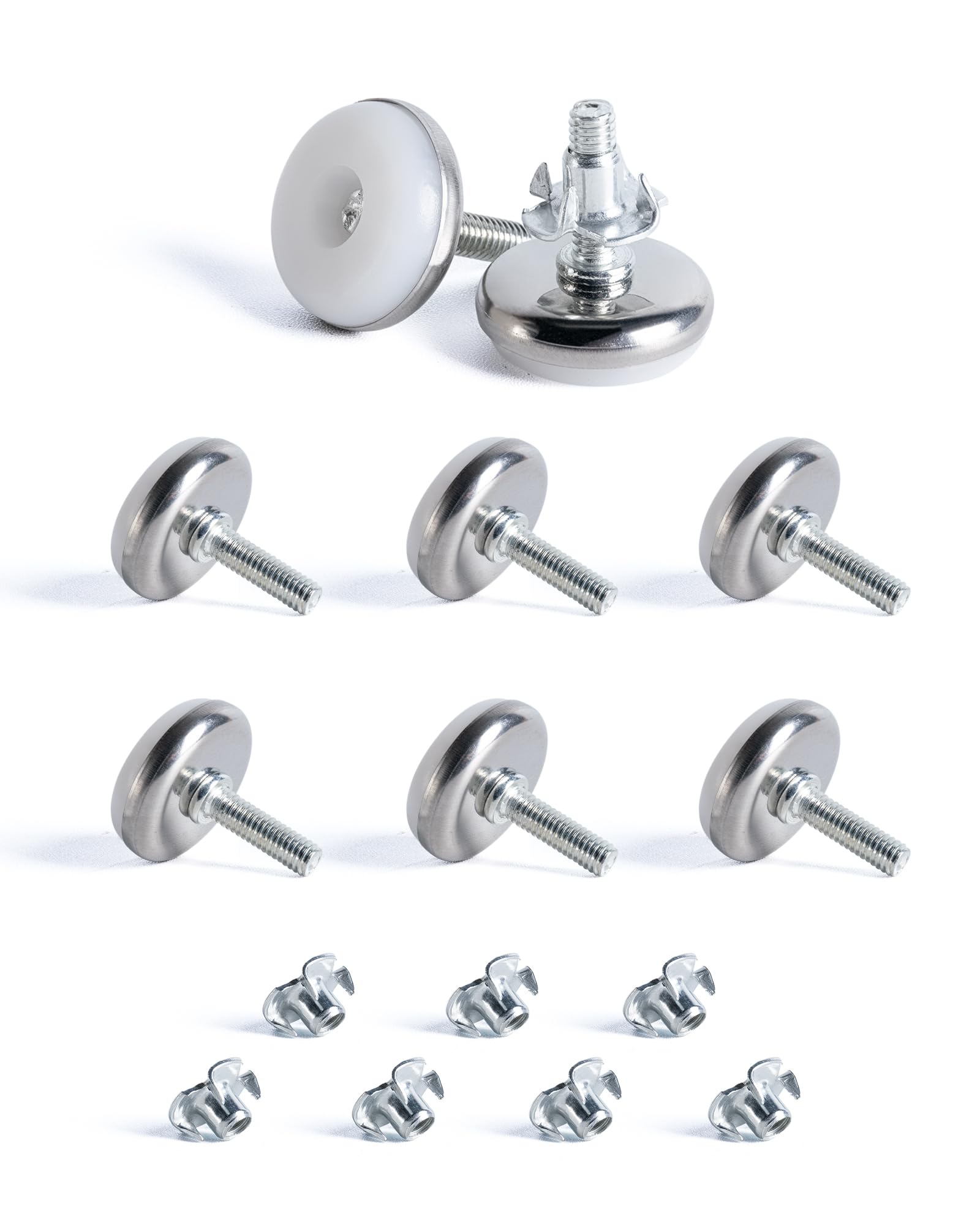 SPDYCESS 8 pcs M6 X 28MM Adjustable Levelling Feet, Screw-in Round Base Furniture Feet, Non-tilt Threaded Fixed Foot, Table Leg Extender Leveler, with 8 pcs 4-Pronged T Nuts, for Cabinet Desk Bed Legs