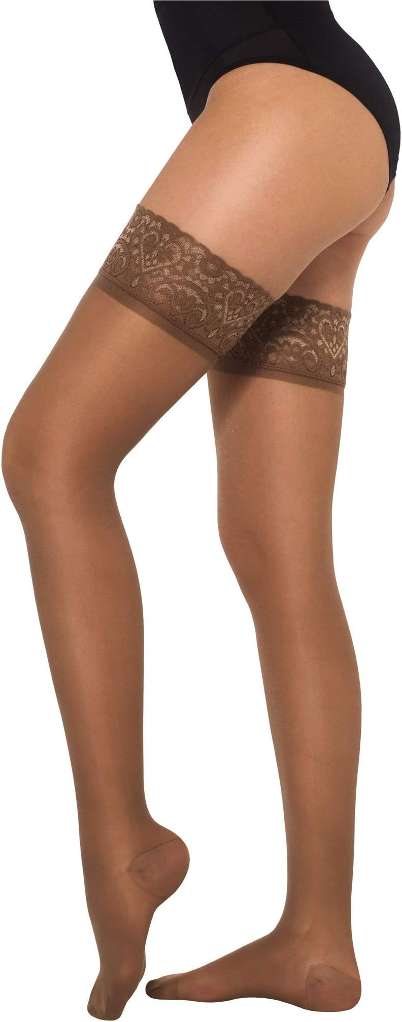 Healthweir Sheer Compression Thigh High Stockings for Women 15–20 mmHg – Medical Support Hose with Lace Silicone Band, Closed Toe – Varicose Veins, Maternity, Travel, Anti-Embolism (Camel, 4)