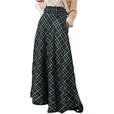 Sheface Women's Plaid Maxi Skirt High Waist Casual Tartan Pleated A-Line Long Skirt with Pockets