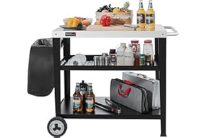 Royal Gourmet PC3404S Rolling Dining Table with Trash Bag Holder, Outdoor Garden Patio BBQ Kitchen Food Prep Table Cart, 34"L x 20"W Stainless Steel Tabletop, Silver & Black