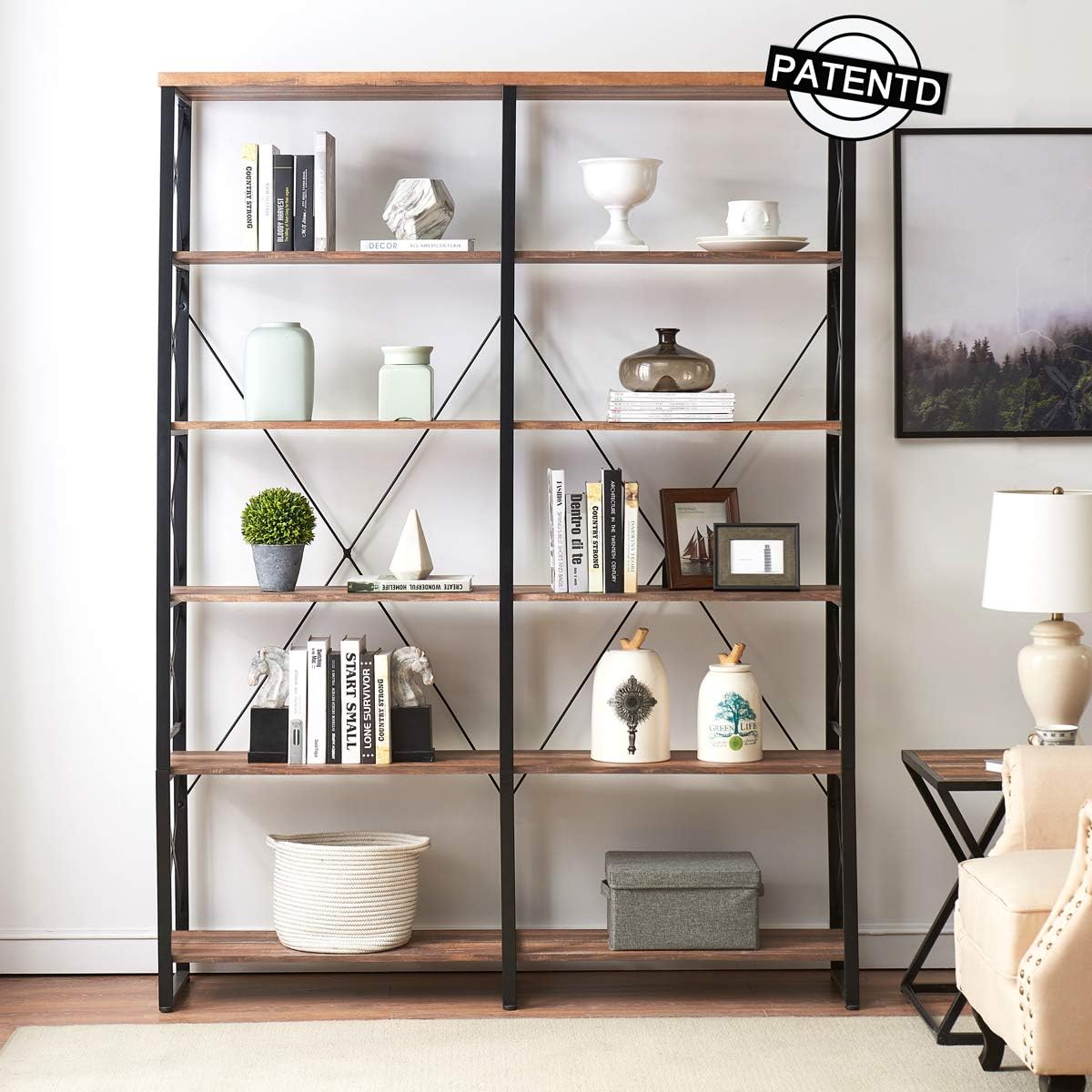 O&K FURNITURE 80.7” Double Wide 6Shelf Bookcase, Industrial Large Open