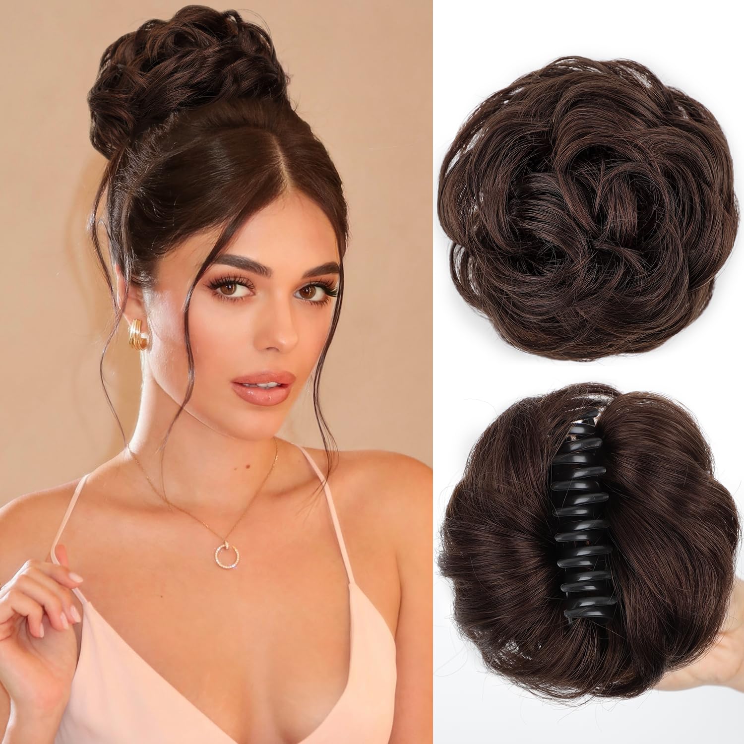 Photo 1 of FREEMEIGE Messy Bun Hair Piece Human Hair Buns Hair Piece Claw Clip Bun Natural Curly Chignon Ponytail Fluffy Donut Updo Hair Pieces Messy Hair Buns Scrunchies for Women