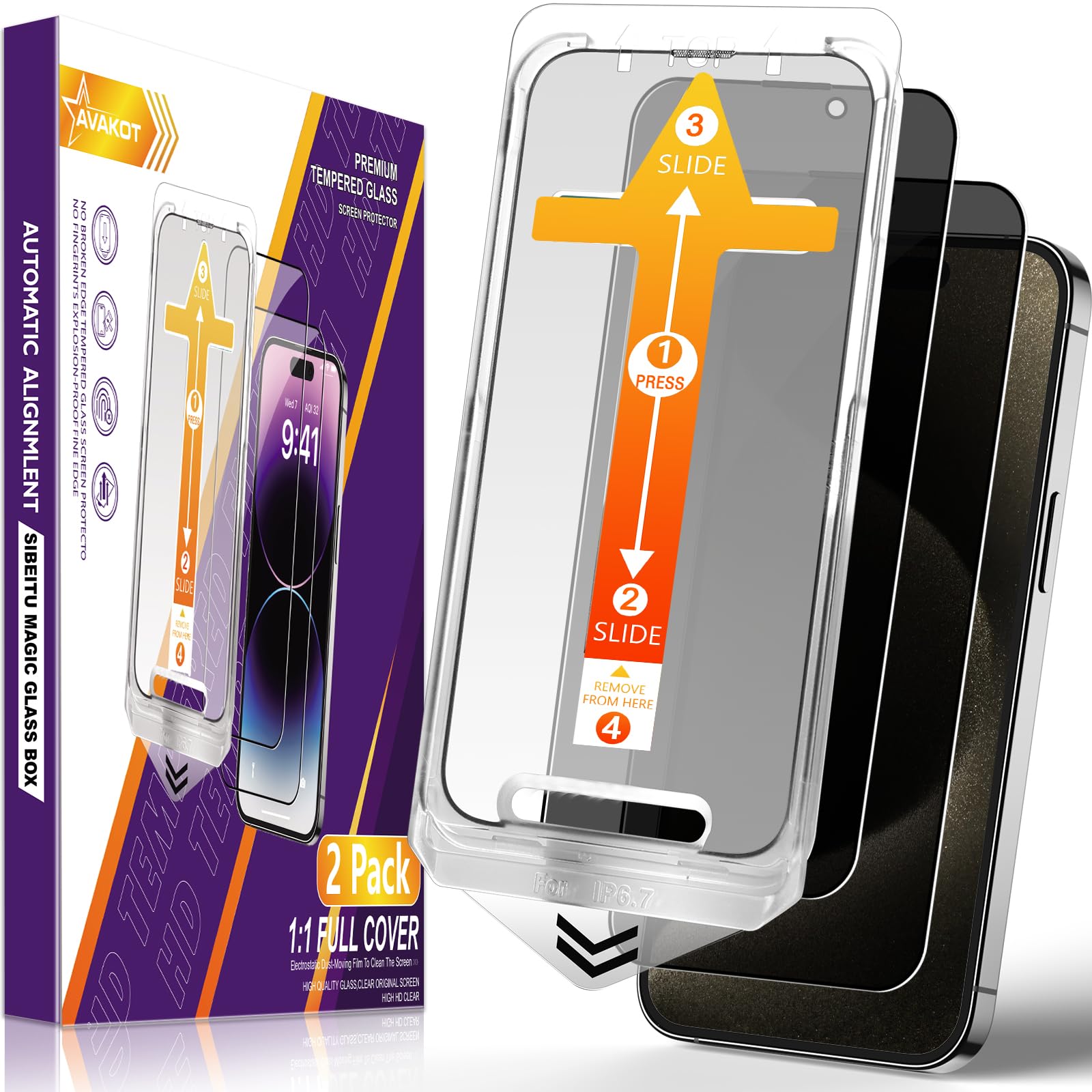 Photo 1 of avakot-2 Pack Privacy Screen Protector for iPhone 15 Pro 6.1 inch, Anti Spy Private Tempered Film for iPhone 15 Pro Full Coverage Edge with Easy Install Tray Kit, Bubble Free,Case Friendly