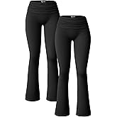 OQQ Women's 2 Piece Flared Pants Ribbed Fold Over Kick Ruched Stretch High Waist Casual Wide Leg