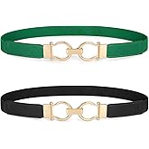 WHIPPY 2 Pack Skinny Elastic Belts for Women Thin Stretchy Waist Belt for Dresses with Gold Buckle