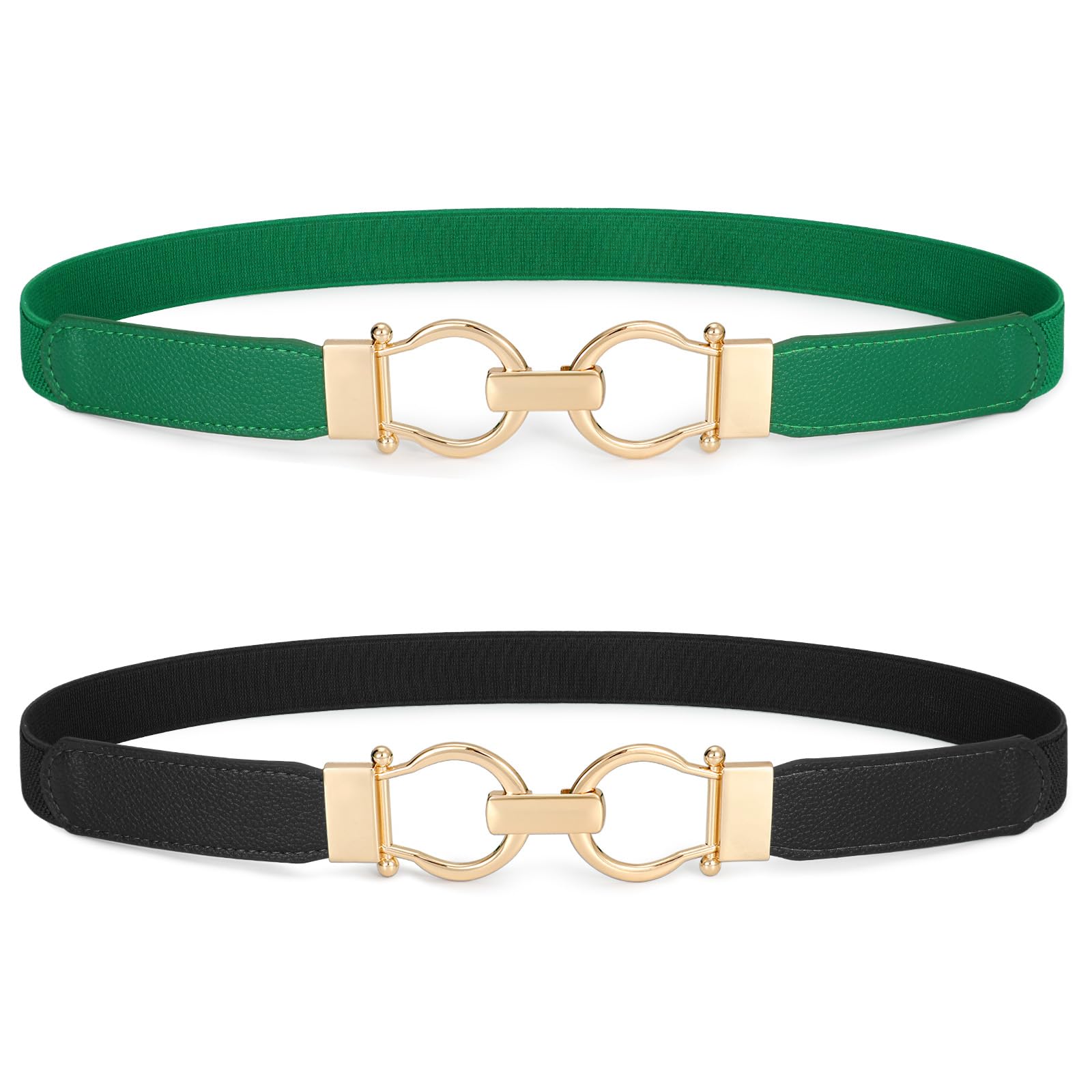 Photo 1 of ****ONLY THE BLACK****WHIPPY 2 Pack Skinny Elastic Belts for Women Thin Stretchy Waist Belt for Dresses with Gold Buckle, Black+Green, XL