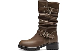 DOBOLIN Wide Width Mid Calf Boots For Women Motorcycle Biker Riding Boots with Buckles Round Toe Dress Boots with Low Chunky 