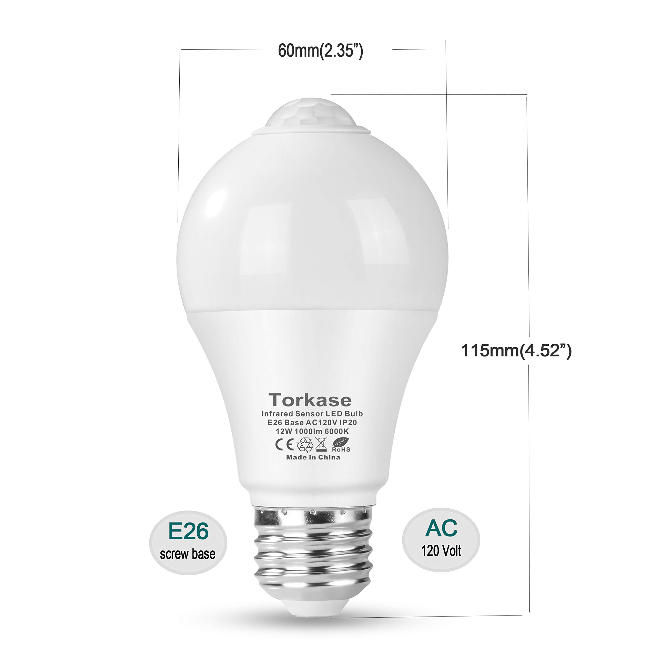 Torkase 12W Motion Sensor Light Bulb, Built-in Infrared Sensor and Light Sensor, Dusk to Dawn, Plug and Play, Auto on/off, 95% Energy Saving, A19/120V for Porch Garage Stair Yard (Cool White-2PACK)