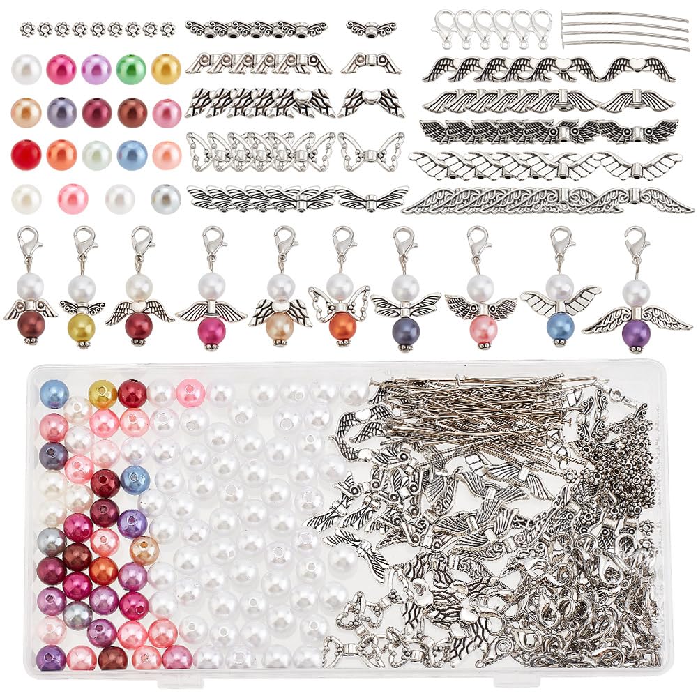 arricraft 360 Pcs DIY Guardian Angel Pendant Kit, Assorted Fairy Style Wings Charms Pendants Alloy Lobster Clasps Imitated Pearl Acrylic Beads for Starter DIY Decor Making