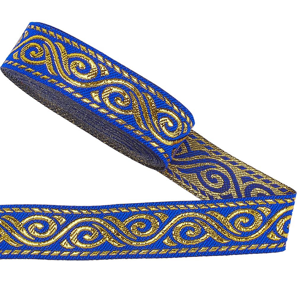 GORGECRAFT 7 Meters Double Side Jacquard Ribbon 2cm Wide Boho Vintage Metally Embroideried Lace Trim Ethnic Woven Edge Fringe Fabric Flat Trim for Sewing Clothing Curtain Gift Wrapping Applique Blue