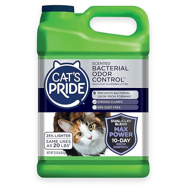 CAT’S PRIDE MAX POWER: BACTERIAL ODOR CONTROL – UP TO 10 DAYS OF POWERFUL ODOR CONTROL – STRONG CLUMPING – 99% DUST FREE – MULTI-CAT LITTER, FRESH SCENTED, 15 POUNDS