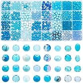 PH PandaHall 416PCS 8mm Blue Beads for Jewelry Making, 32 Style Blue Crackle Glass Bead Round Painted Loose Beads Ocean Sea Bead for Summer Bracelet Earring Necklace Jewelry Making Supplies