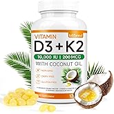 lofuanna Vitamin D3 K2 Supplement Softgels, 2 in 1 Vitamin D3 & K2 with Coconut Oil Supplement - Supports Heart, Teeth & Bone Health, Free of GMO & Gluten