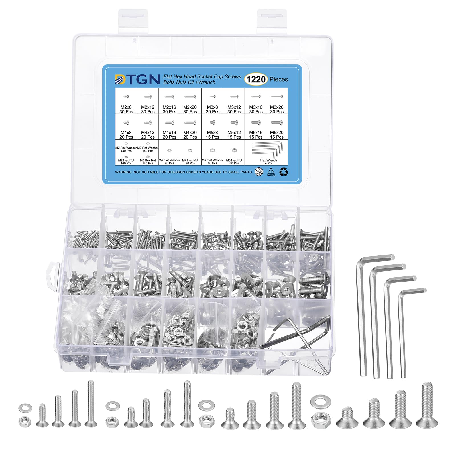 DTGN 1220Pcs M2 M3 M4 M5 Flat Head Hex Socket Cap Screws Bolts Nuts Washers Kit with Wrench, 304 Stainless Steel Round Flat Machine Screws