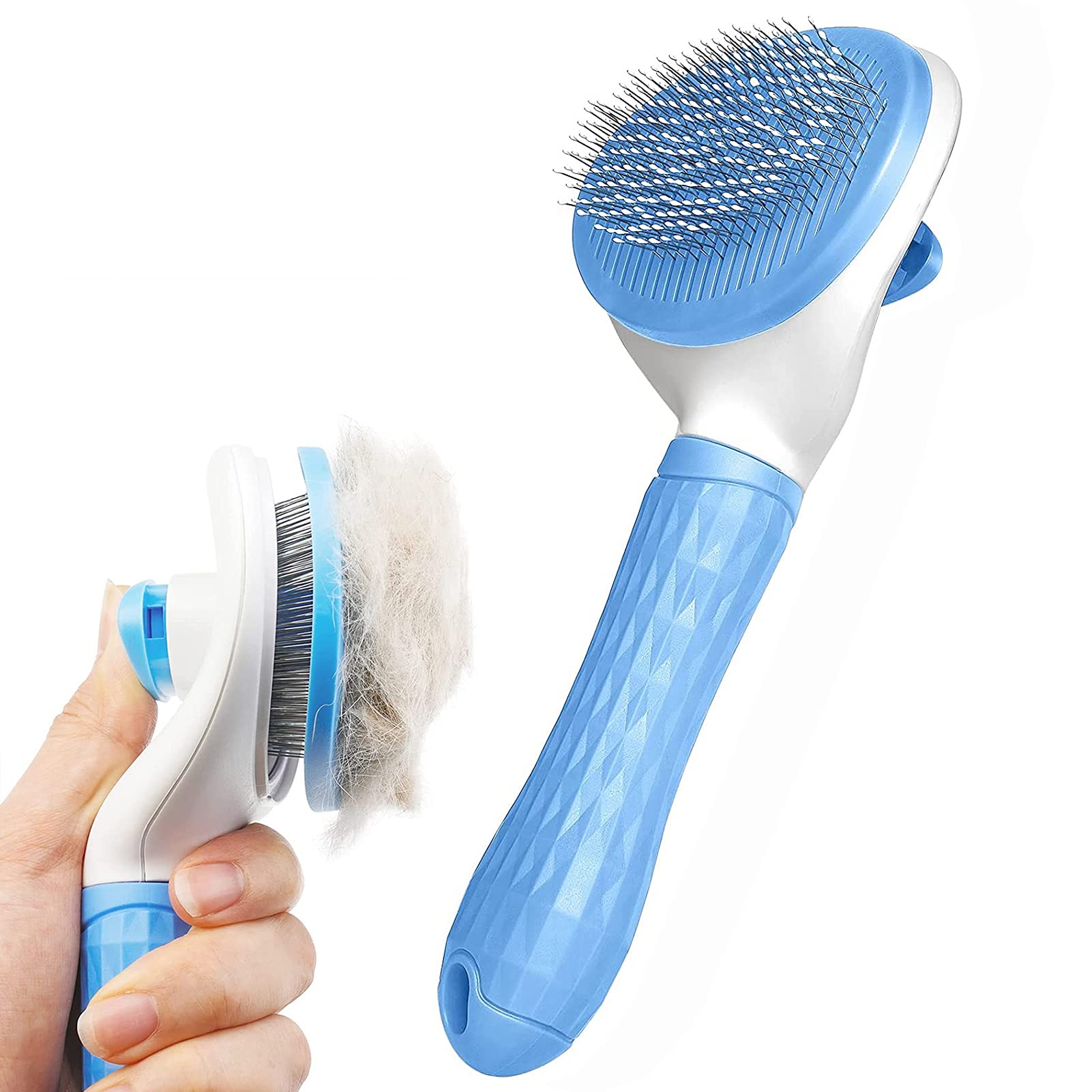 Elezenioc Dog Brush Cat Grooming Comb,Self Cleaning Slicker Brushes with Smooth handle,Pet Tool Button for Shedding Tools Massage Clean Tangled (Blue)