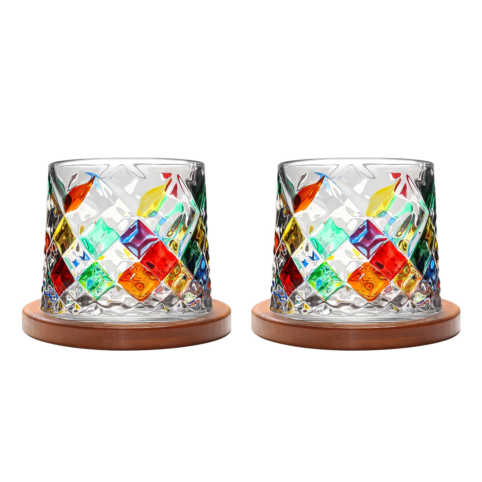 Rotatable Old Fashioned Crystal Whiskey Glass Set of 2, 275ml/10oz, Wood Coaster, Thickened, Used as Rum, Cocktail, Coffee, Milk Cup for Relaxation