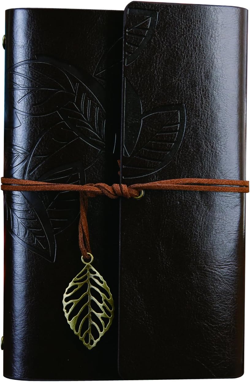 NectaRoy Vintage Retro PU Leather Cover Notebook Journal Diary, Leaf Pattern Spiral Blank String Daily Notepad, Kraft Paper