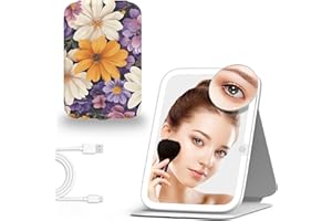 Mocado Travel Makeup Mirro with Lights, 360° Rotation Lighted Makeup Mirror, Portable Mirror with 10x Magnification, 3 Color Lightings, Dimmable Touch Screen, Tabletop Light up Mirror(Sun Daisy)