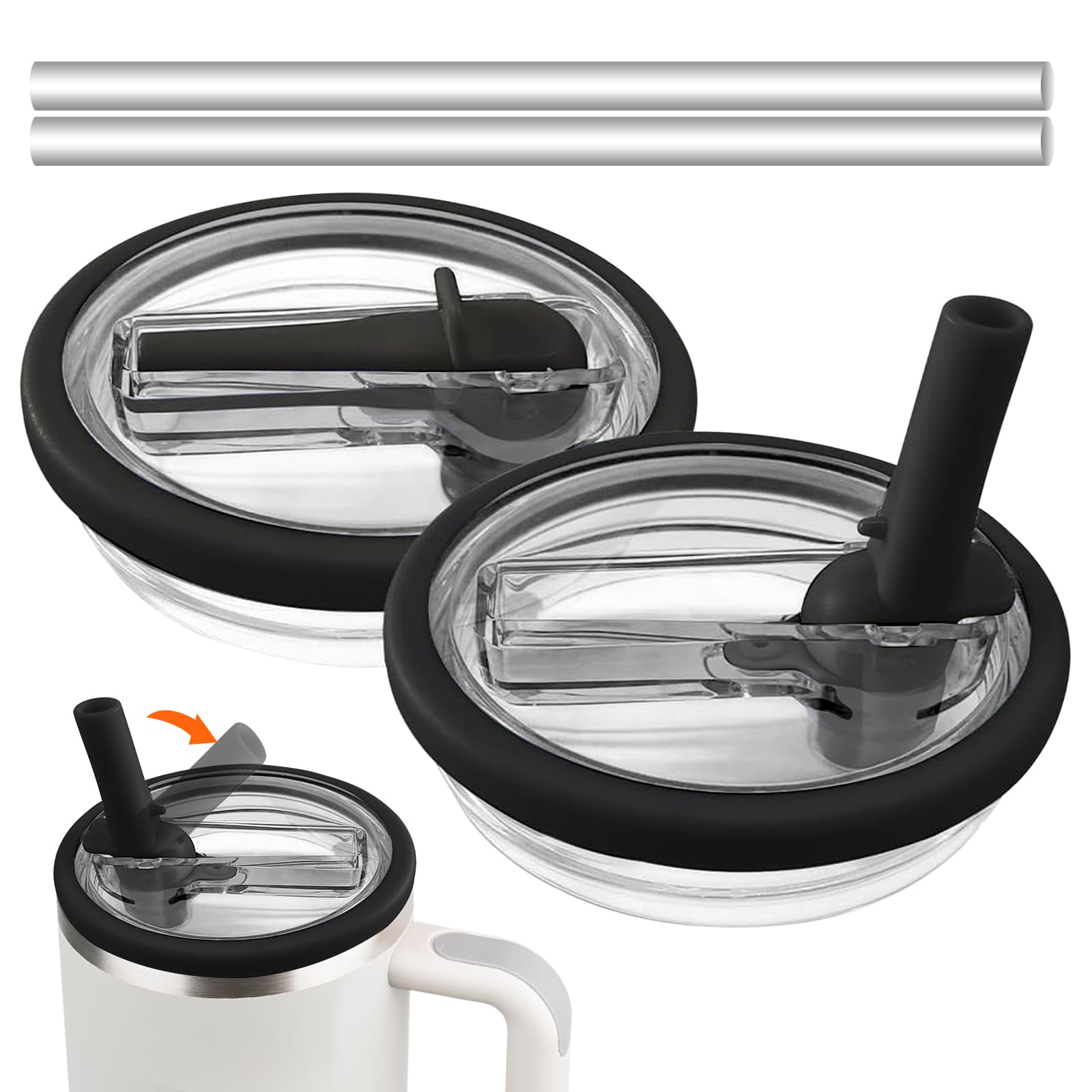 Photo 1 of 2 Pack Flip Straw Lid Replacement for Stanley Quencher H2.0 40 & 64 oz Tumbler, Leak Proof Spill Proof Lid for 40oz Stanley ProTour, Straw Cover Top for Stanley Cup Accessories (Black)