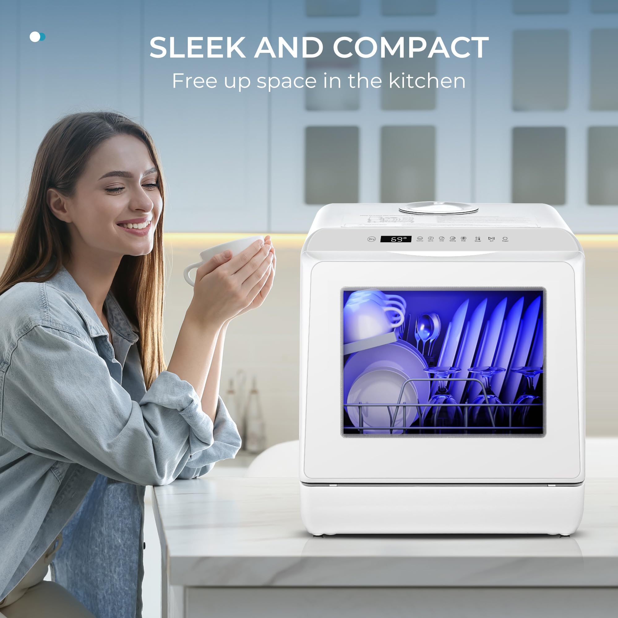 EUHOMY Countertop Dishwasher Portable with 6 Programs, 5L Built-in Water Tank for Apartments, 167℉ High-Temp, No Hookup Needed, Mini Dishwasher with Baby Care, Air Dry/Quick/ECO/Fruit/Normal, White