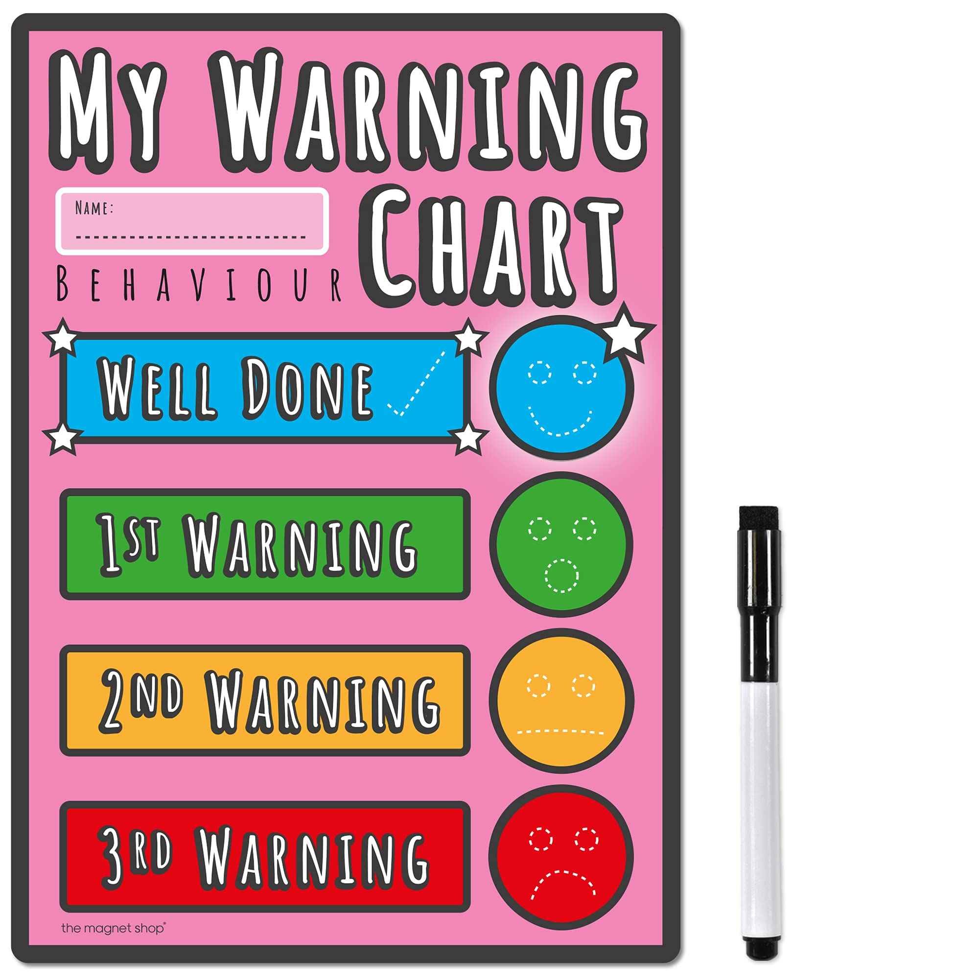 TMS Behaviour Warning Chart and Reward Chart for Children - Dry Wipe Magnet with Colour in Stars and a Magnetic Dry Erase Pen for Toddlers, Kids, Boys, Girls (Pink, A5 Warning Chart)
