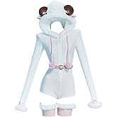 Mobbunny Women Sheep Costume Animal Fluffy Hooded Romper One Piece Pajamas Sleepwear Homewear with Belt and Socks