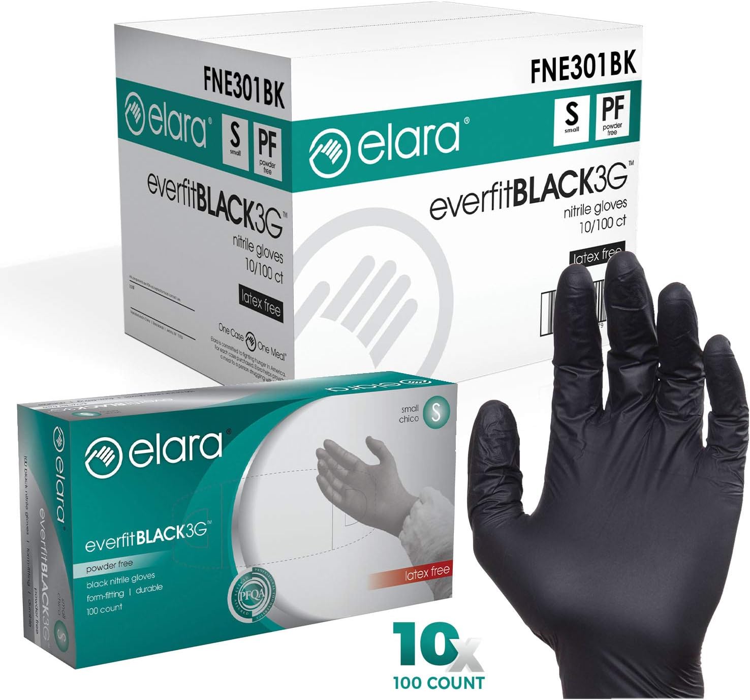 Elara FNE301BK EverfitBLACK3G Nitrile Disposable Gloves, 3 mil, Black, Powder Free, Food Safe, Non-Latex, Size Small, Case of 1000