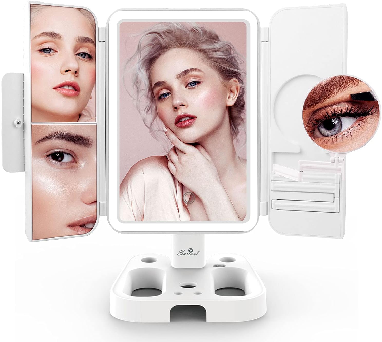 Makeup Mirror Vanity Mirror with Lights, Susisal 3 Color Lighting Trifold Adjustable Mirror with 72LEDs, 1X 2X 3X 10X Magnification, Dual Power Supply, Portable Lighted Up Mirror -