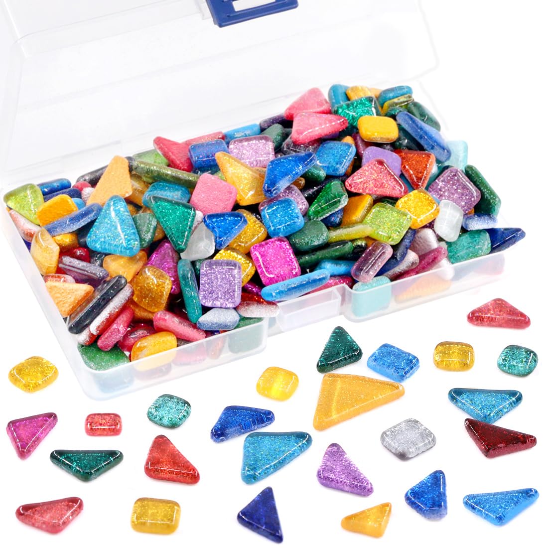 Swpeet 1 Pound Mixed Colors Shine Crystal Series Mosaic Tiles Assortment Kit - Square and Triangle Genuine Glitter Crystal for Home Decoration Crafts