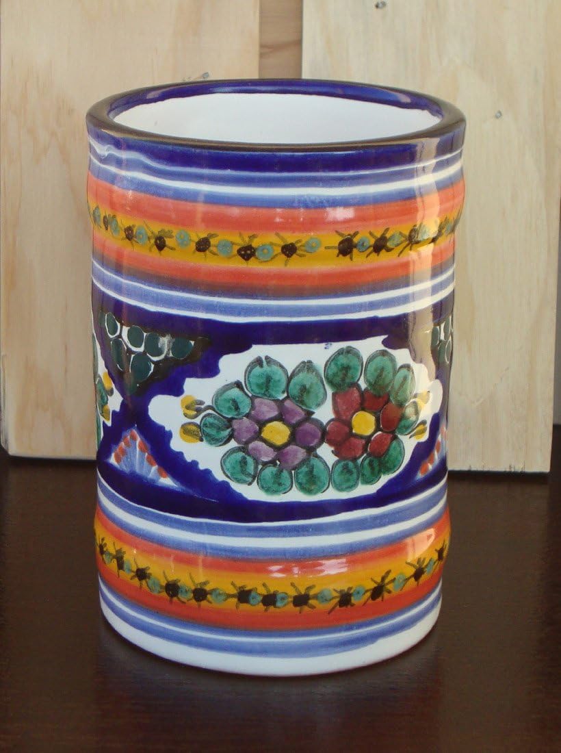 Authentic Puebla Fine TALAVERA Ceramic Cup Small Flower Vase 5" Modern Style Art Pottery Hand Painted! Original Design (Signed G. Armando) Yellow Stripes