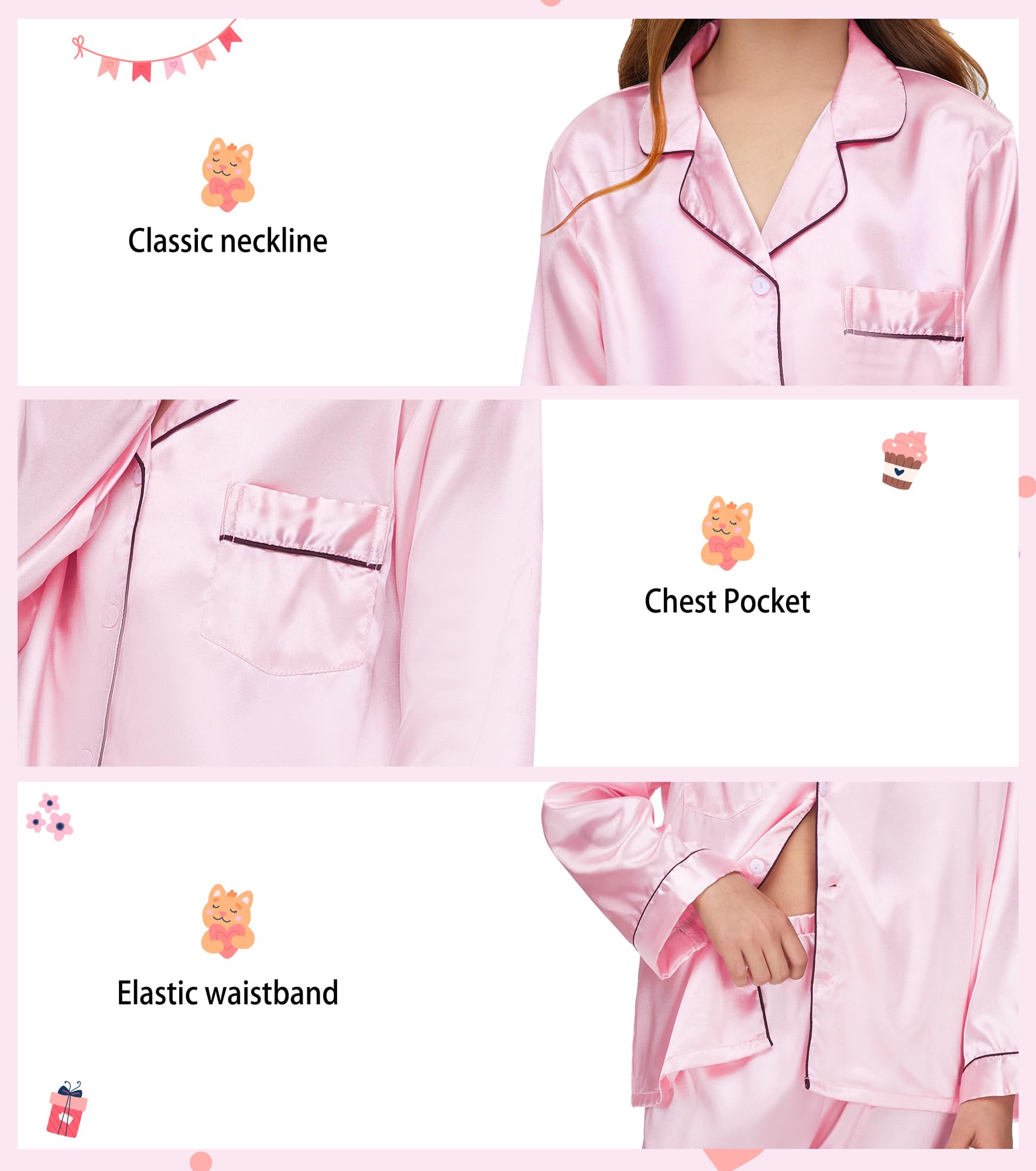 EPLAZA Kids Satin Pajamas Sets Girls Boys Button-Down Silky Pajamas Sleepwear with Hairband Eye Mask Hair Tie