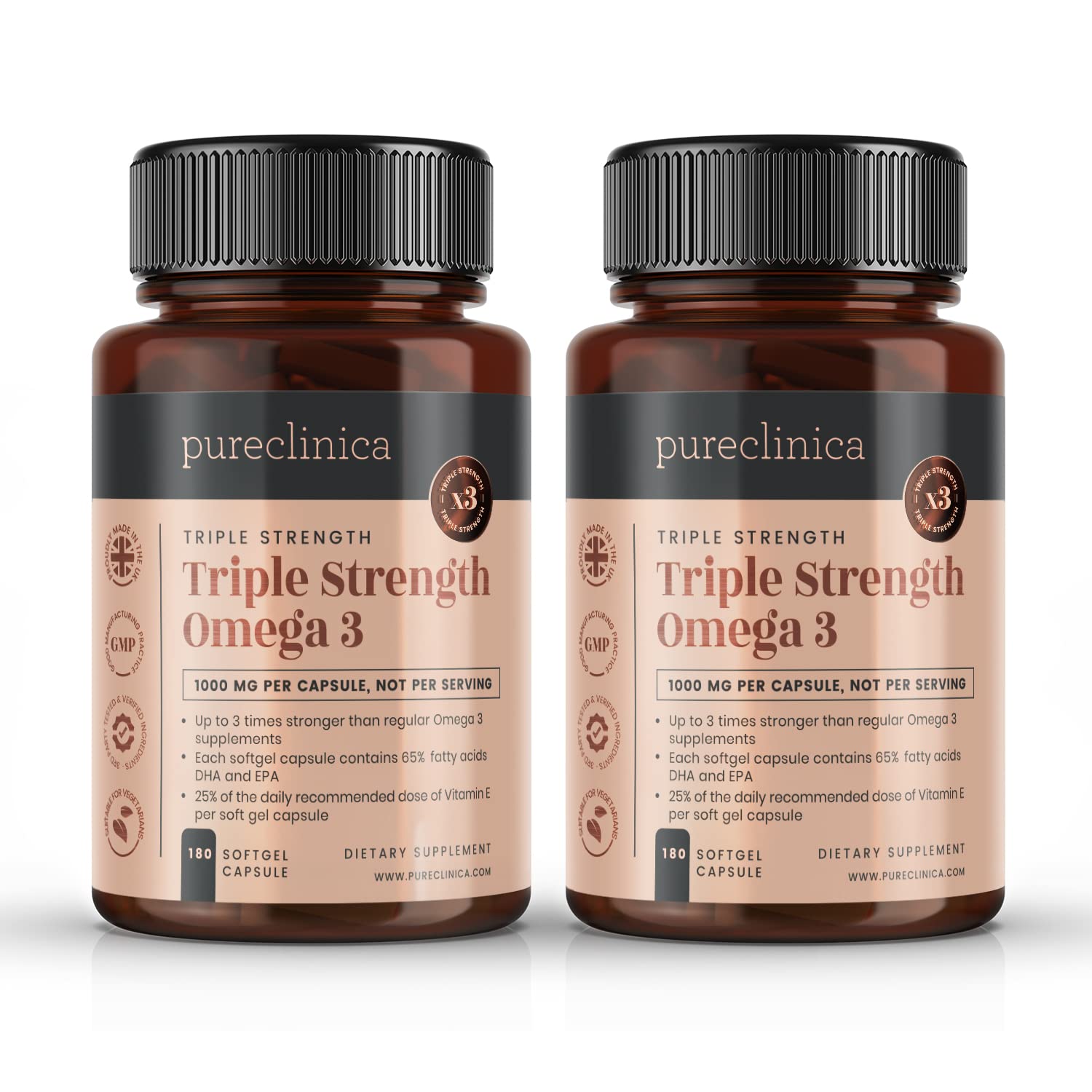 Pureclinica Triple Strength Omega 3 1000mg x 360 Capsules (2 Bottles of 180)- 12 Months Supply