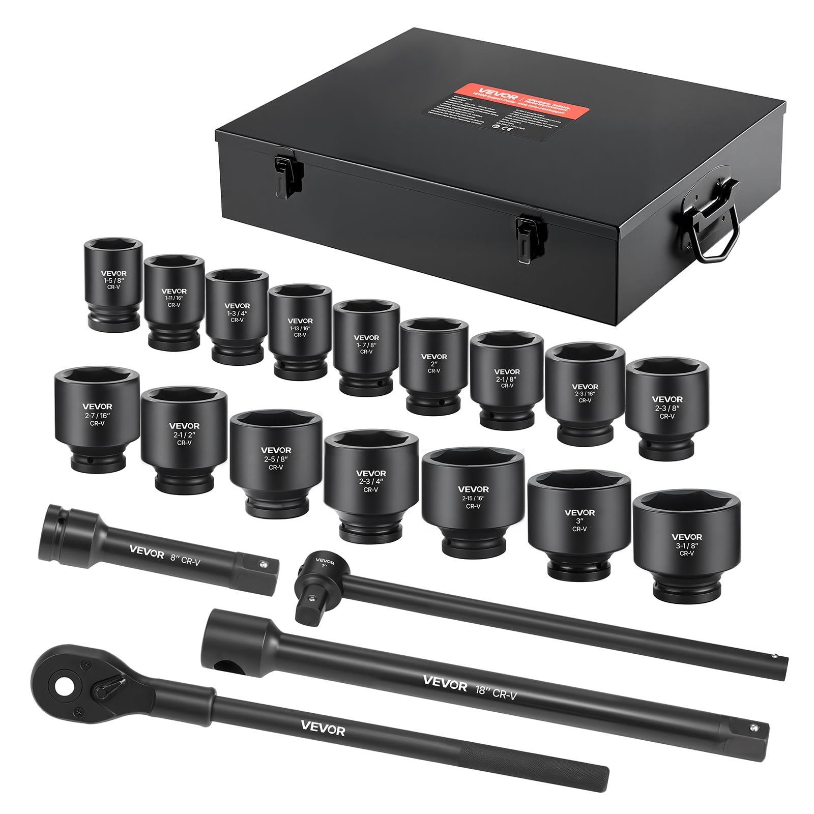 VEVOR 1 in Drive Impact Socket Set, 21 Piece, 6 Point Shallow Impact Sockets, SAE (1-5/8 in to 3-1/8 in), with 8 in & 18 in Extension Bars, 24 in Ratchet, Cr-V Steel, Size Marking, and Carrying Case Image