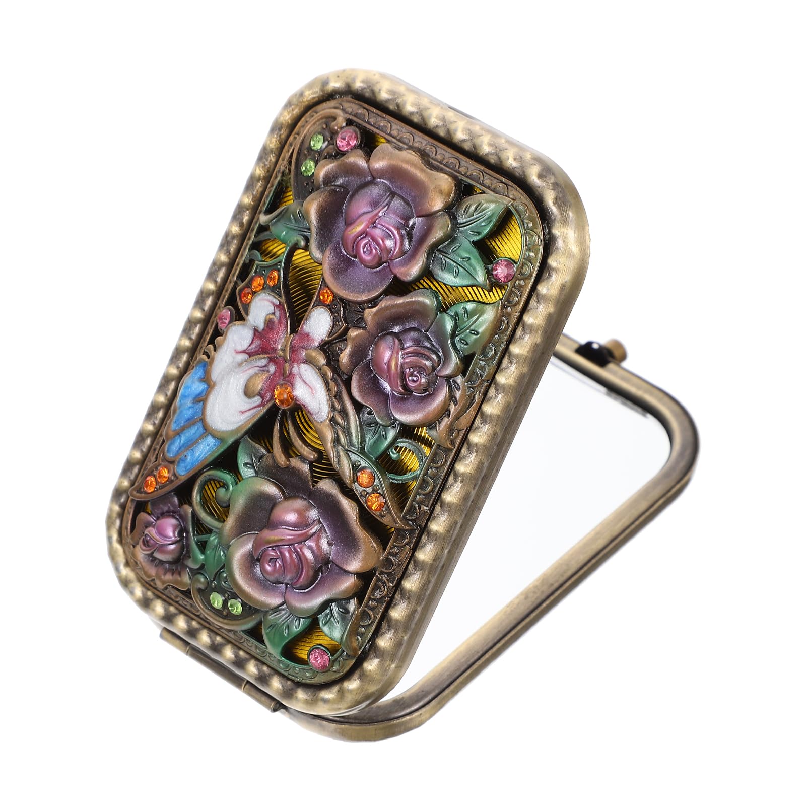 FRCOLOR retro vanity mirror Compact Makeup Mirror Retro make-up Double Sided Compact Cosmetic vanity makeup pocket metal Small Metal fold travel Glass