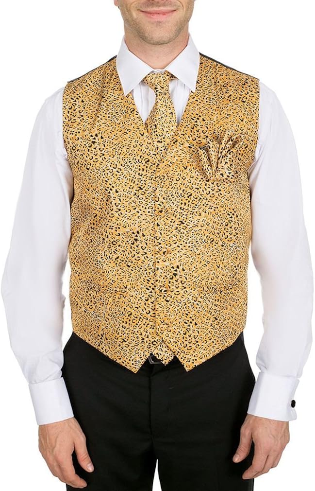 Orange Gold Black Formal Vest with Necktie and Pocket Square Set at Amazon Men’s Clothing store