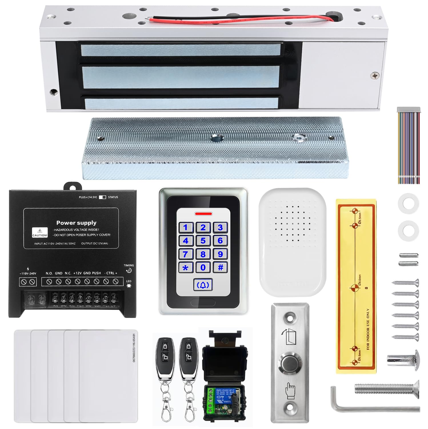 Photo 1 of Access Control System 1200lb Electric Magnetic Door Lock Kit: RFID Keypad, Remotes, Exit Button, Close to Entry Keypad & ID Card with 110-240VAC to 12VDC Power Supply (500Kg / 1200LB Kits)