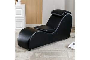 MUZZ Curved Chaise Lounge Chair with Adjustable Cushions, Modern Faux Leather Yoga Chair for Adults Yoga Stretching, Relaxation, Yoga Chaise Lounge for Living Room, Bedroom (Leather/Black)