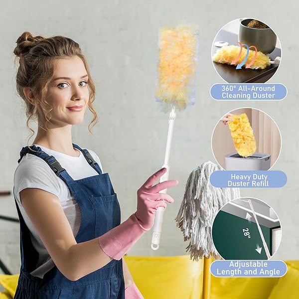 DUSTER REFILLS FOR SWIFFER DUSTERS, MULTI SURFACE 360 DEGREE DUSTERS REFILLS & 2 HANDLE, DISPOSABLE HEAVY DUTY DUSTERS REFILLS FOR CLEANING (30 COUNT + 2 HANDLE, WHITE&ORANGE)