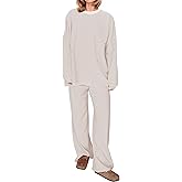 MISSACTIVER Women's 2 Piece Striped Lounge Set Long Sleeve Oversized T-Shirt Wide Leg Pants Matching Pajamas Set Khaki