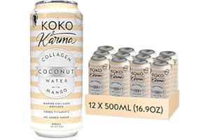Koko & Karma – Pure Coconut Water with Marine Collagen Peptides & Mango Refreshing Taste with No Added Sugar or Preservatives – 12 Pack – 16.9 Ounce Cans