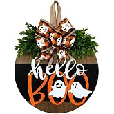 Halloween Door Sign Hanger Decorations, Cute Halloween Ghost Decor Welcome Wood Wreaths for Front Door Farmhouse Porch Wall Decor Outdoor (Halloween Ghost)