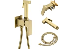 SHAMANDA Warm Water Bidet Sprayer for Toilet with Hot and Cold Brass Rough-in Valve, Stainless Steel Handheld Bidet Attachment Set for Feminine, Pets and Baby Diaper Wash, Brushed Gold, BDS08-3