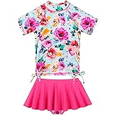 BAOHULU Girls Two Piece Swimsuits Rash Guard Ruffle Bikini Skirt Short Sleeves Beach Dress Swimwear UPF 50+ 3-12Y